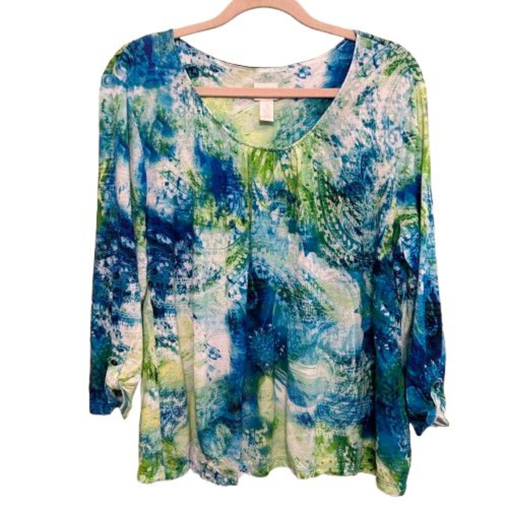 Chicos 3/4 Sleeve Jersey Knit Top Size 3 US XL Blue Green Abstract Stretchy Boho